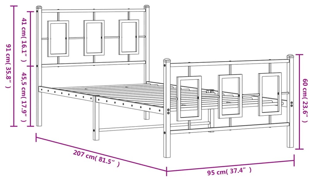 Estrutura de cama com cabeceira e pés 90x200 cm metal preto