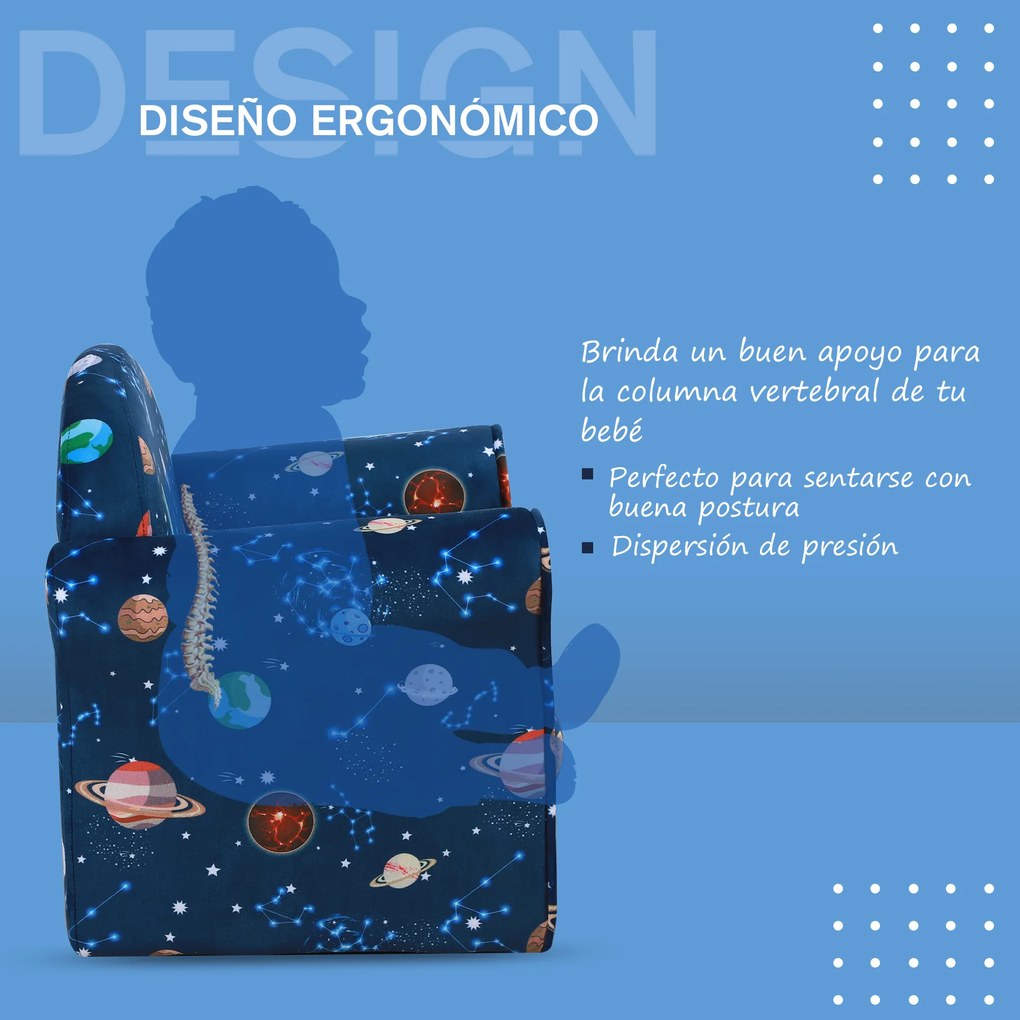 HOMCOM Poltrona para Crianças acima de 3 Anos com Desenhos de Planetas Estrutura de Madeira e Estofado em Flanela 50x39x44 cm Azul