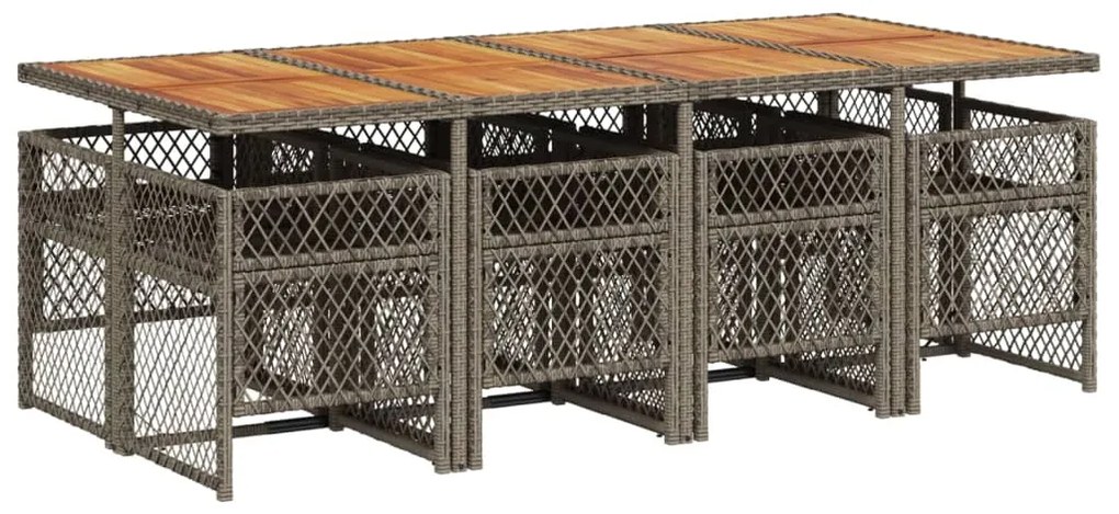9 pcs conjunto de jantar p/ jardim c/ almofadões vime PE cinza