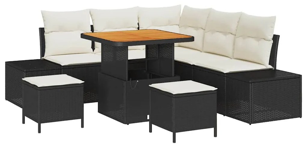 Conjunto de Sofá de Jardim com 8 Peças e Almofadas Preto em Rattan e A