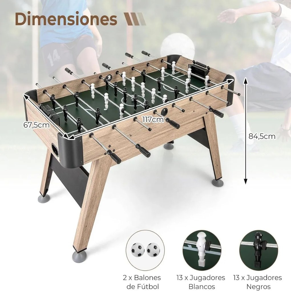 Mesa de matraquilhos de 117 x 67,5 x 84,5 cm Jogo de Futebol de Mesa Arcade com 2 Bolas Natural