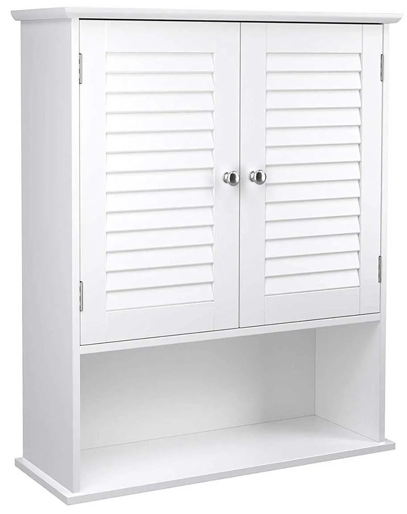 Armário de parede VASAGLE, armário de banheiro suspenso, armário de remédios com prateleira ajustável, portas de veneziana dupla e prateleira aberta, 60 x 20 x 70 cm, madeira, branco BBC27WT