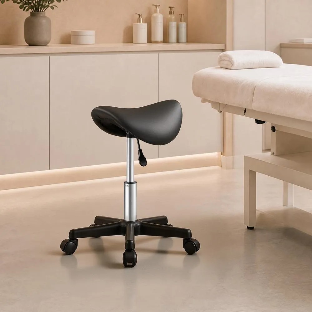 Banco de trabalho com rodas ergonómico em couro PU, com altura ajustável 56 x 56 x 45-61 cm Preto