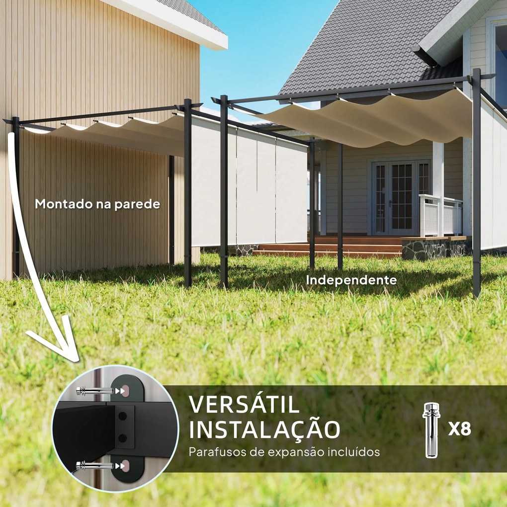 Pérgola com Teto Retrátil de 390x293x220 cm Pérgola de Parede ou Independente com Lados Enroláveis Proteção UV30+ Bege