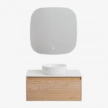 Conjunto De Móvel De Casa De Banho Suspenso Em Madeira De Freixo Tedrik Castanho Fresno & Cerâmica Redonda Branca Ø40 Cm Lenka & - Sklum
