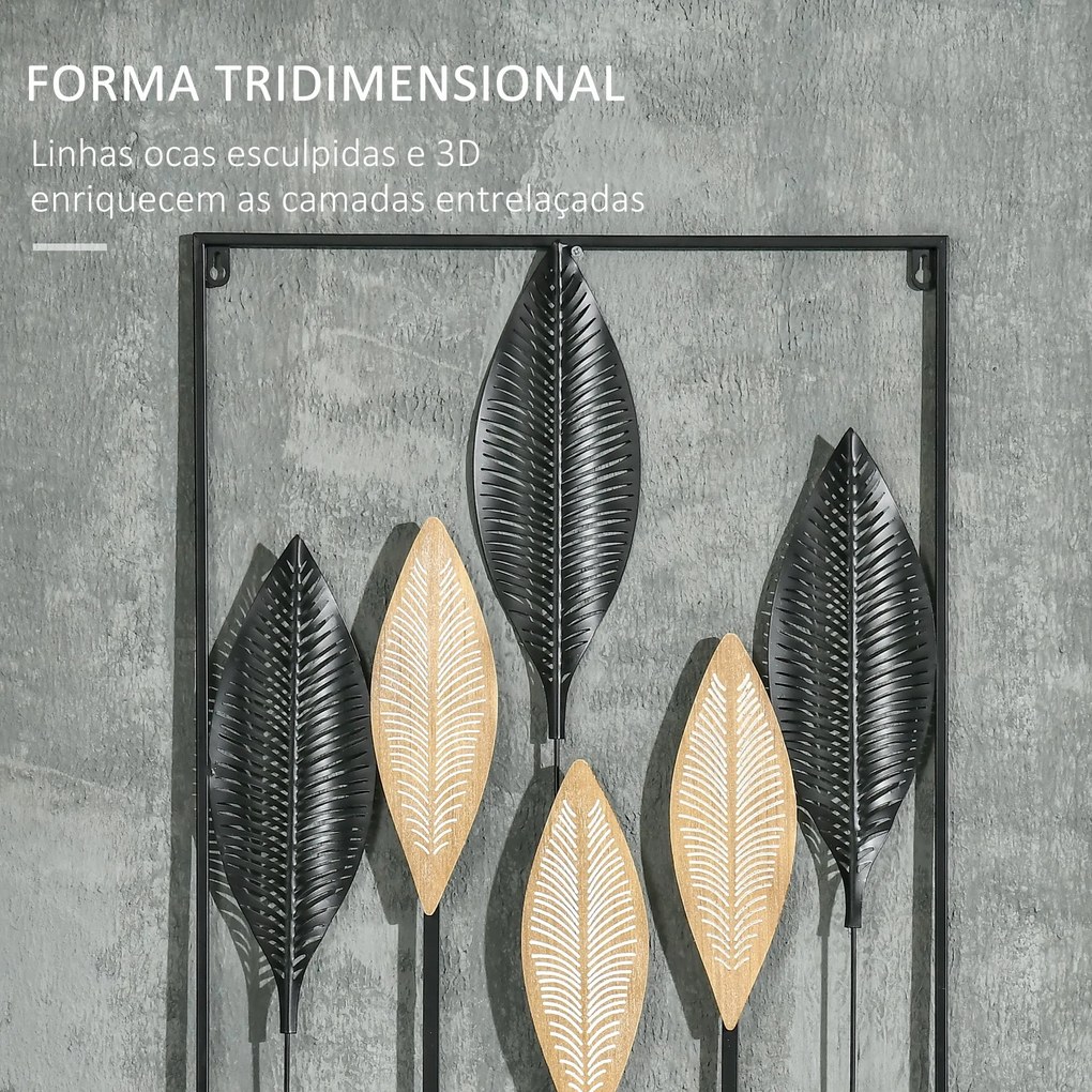 Decoração de Parede de Metal de Folhas de Banana 3D Arte de Parede Suspensa para Sala de Estar Dormitório Escritório 50x70cm Preto e Bege