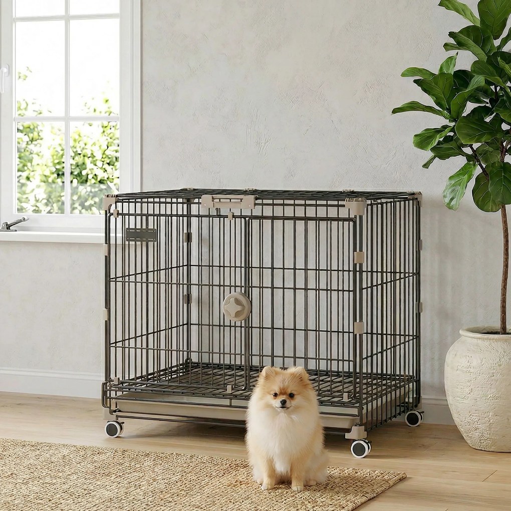 Gaiola dobrável para cães, tabuleiro removível, rodas com travões, teto abrível com fecho de segurança, 60,5 x 45,5 x 54,5 cm, preta