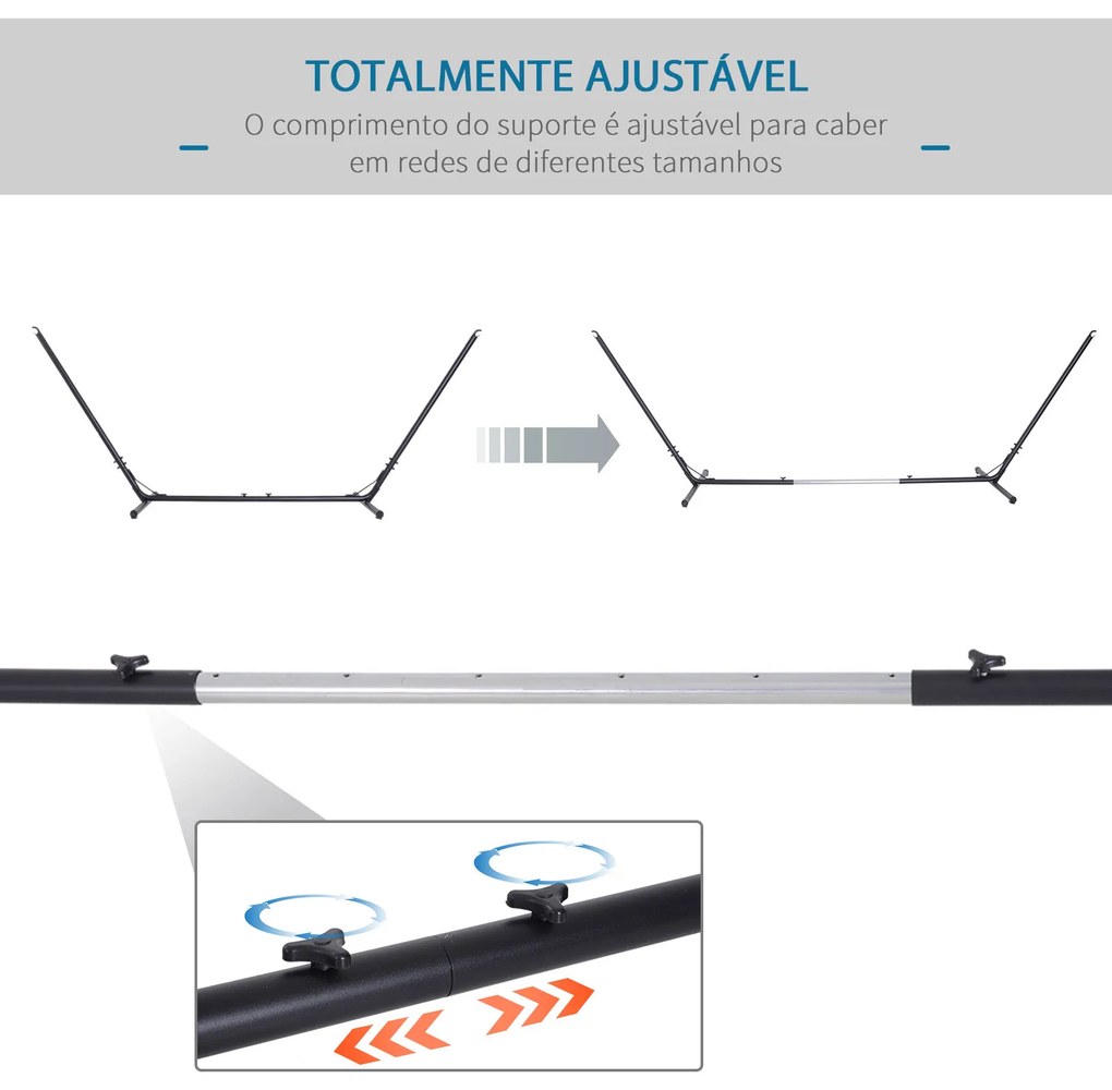 Suporte para rede de jardim ajustável no comprimento 308-380x108x120 cm com bolsa de transporte Estrutura metálica para interior e exterior Máx. 120 k