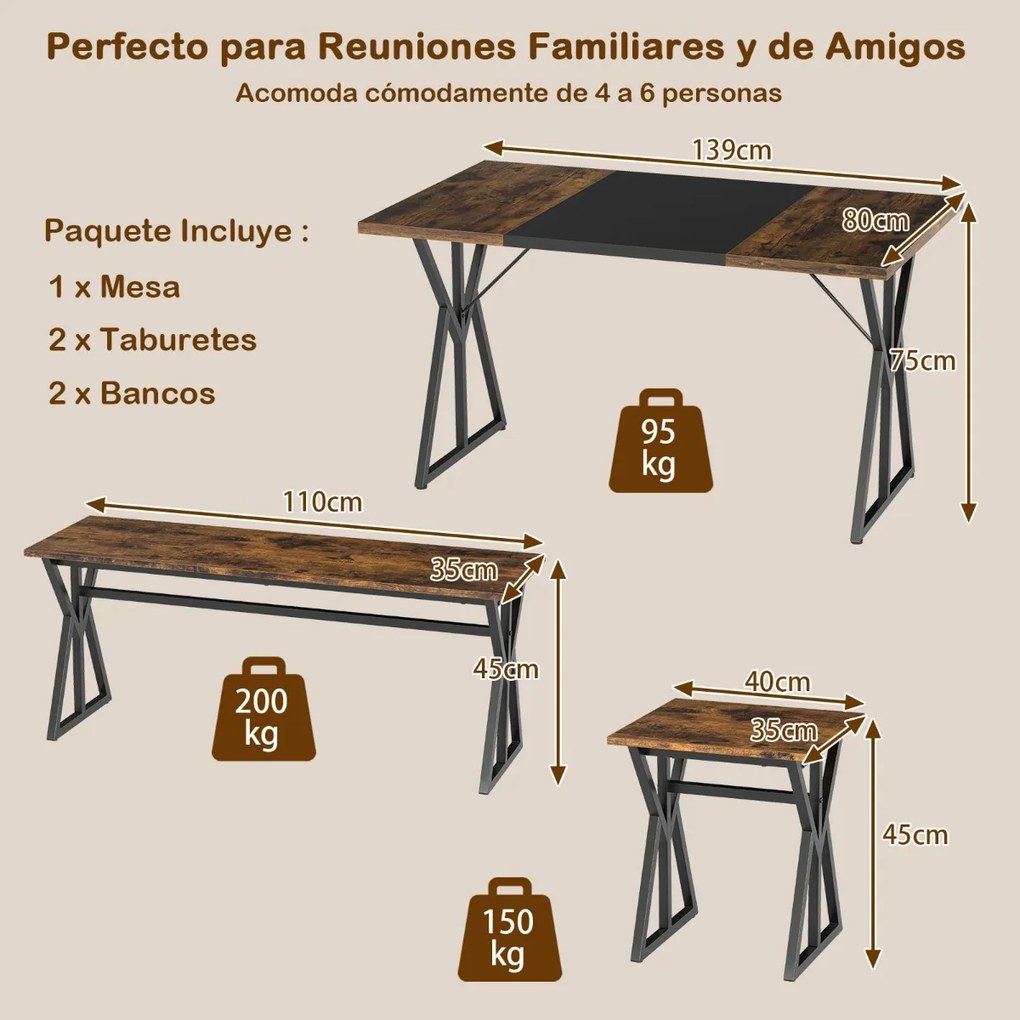 Conjunto de sala de jantar de 5 peças para 4-6 pessoas Mesa de cozinha retangular industrial com 2 bancos e 2 bancos altos castanho