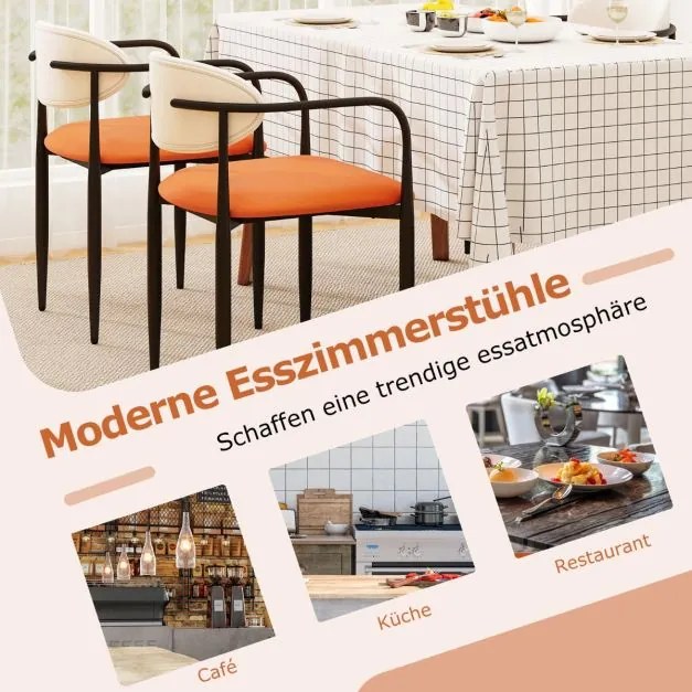 Conjunto de 2 cadeiras de sala de jantar, cozinha com assento e encosto acolchoados Branco + Laranja + Preto