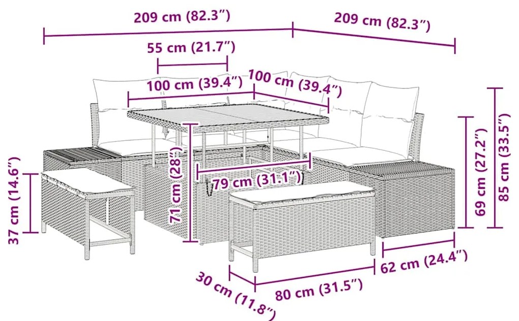 Conjunto de Sofá de Jardim de 8 peças com almofadas bege em poli ratta