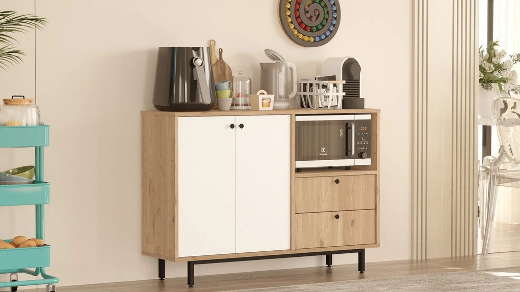 Aparador de cozinha "Toledo" - Carvalho e Branco - 120x85x35.5cm - Des