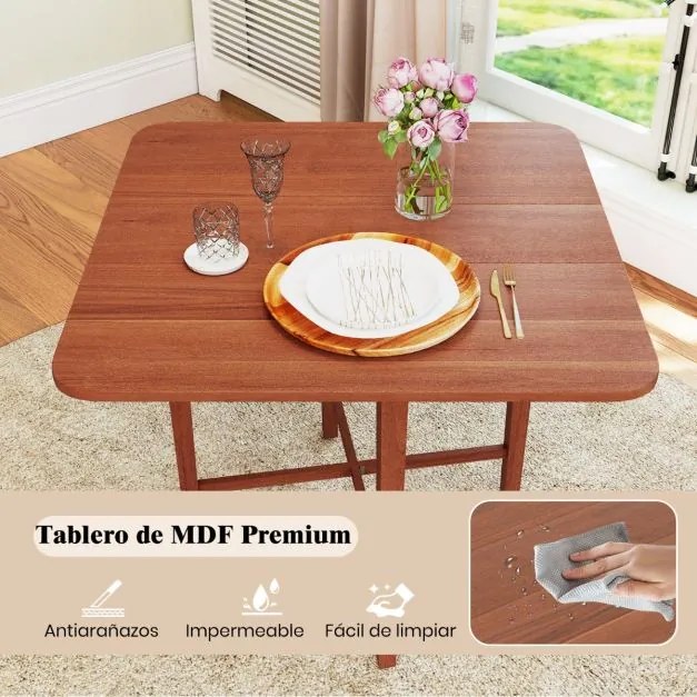 Mesa de jantar 90 x 90 x 74,5 c quadrada dobravel de madeira com 2 painéis rebatíveis e pernas de madeira maciça para sala de estar Cor Nogueira
