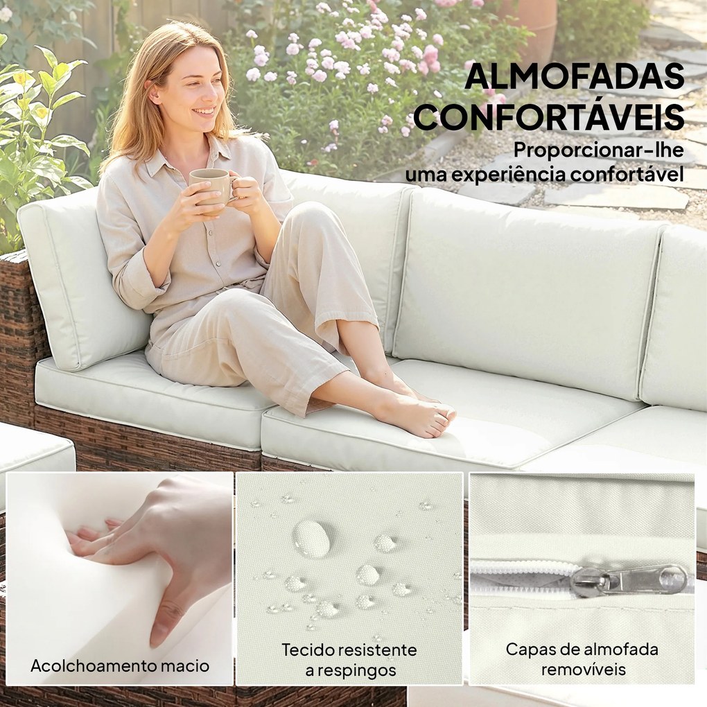 Conjunto de Jardim em Vime de 6 Peças Inclui Almofadas 4 Módulos de Assento 1 Sofá de Canto e Mesa de Centro em Vidro Castanho Escuro