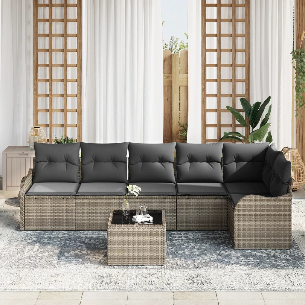 Conjunto de Sofás de Jardim de 6 Peças com Almofadas Preto Rattan de P