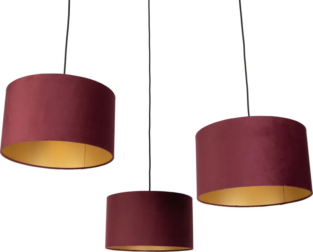 Candeeiro suspenso preto com abajur vermelho e interior dourado 35cm 3-luzes - Cava