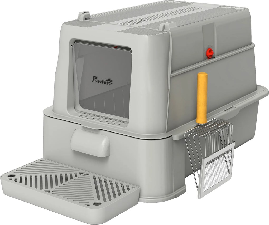 Caixa de Areia para Gatos de Aço Inoxidável XL com Tampa Articulada 180° Laterais Altas Pedal Pá 63x43x43 cm Cinza Claro