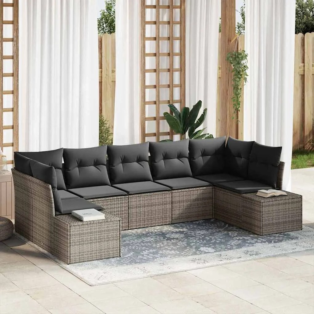 Conjunto de Sofá de Jardim com 7 Peças e Almofadas Cinzas em Rattan Po