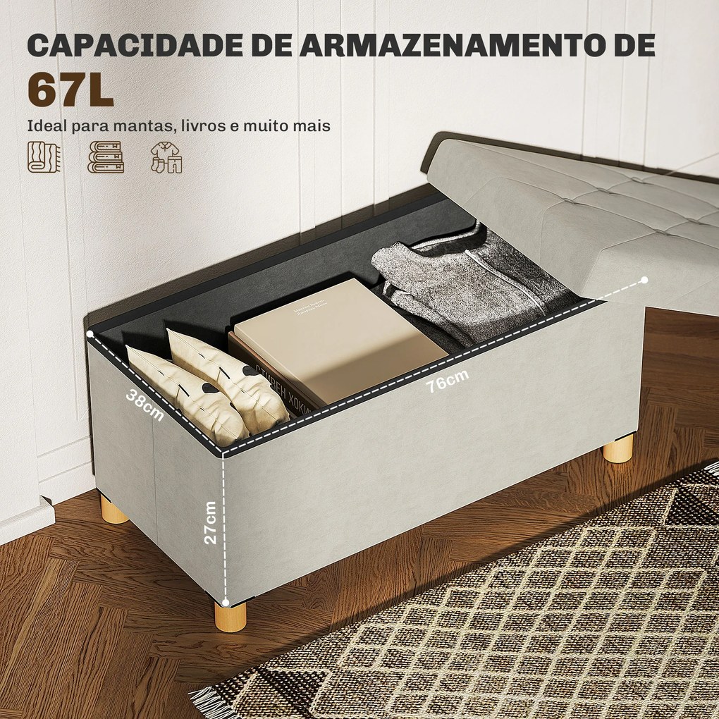 Banco de Armazenamento Dobrável Capacidade de 67 L  Estofado em Veludo Carga 120 kg 76x38x38 cm Creme