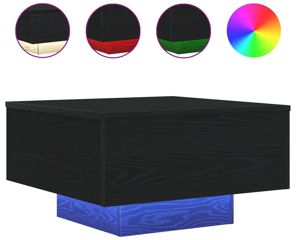 Mesa de Centro vidaXL com Luzes LED Carvalho Preto 55x55x31 cm