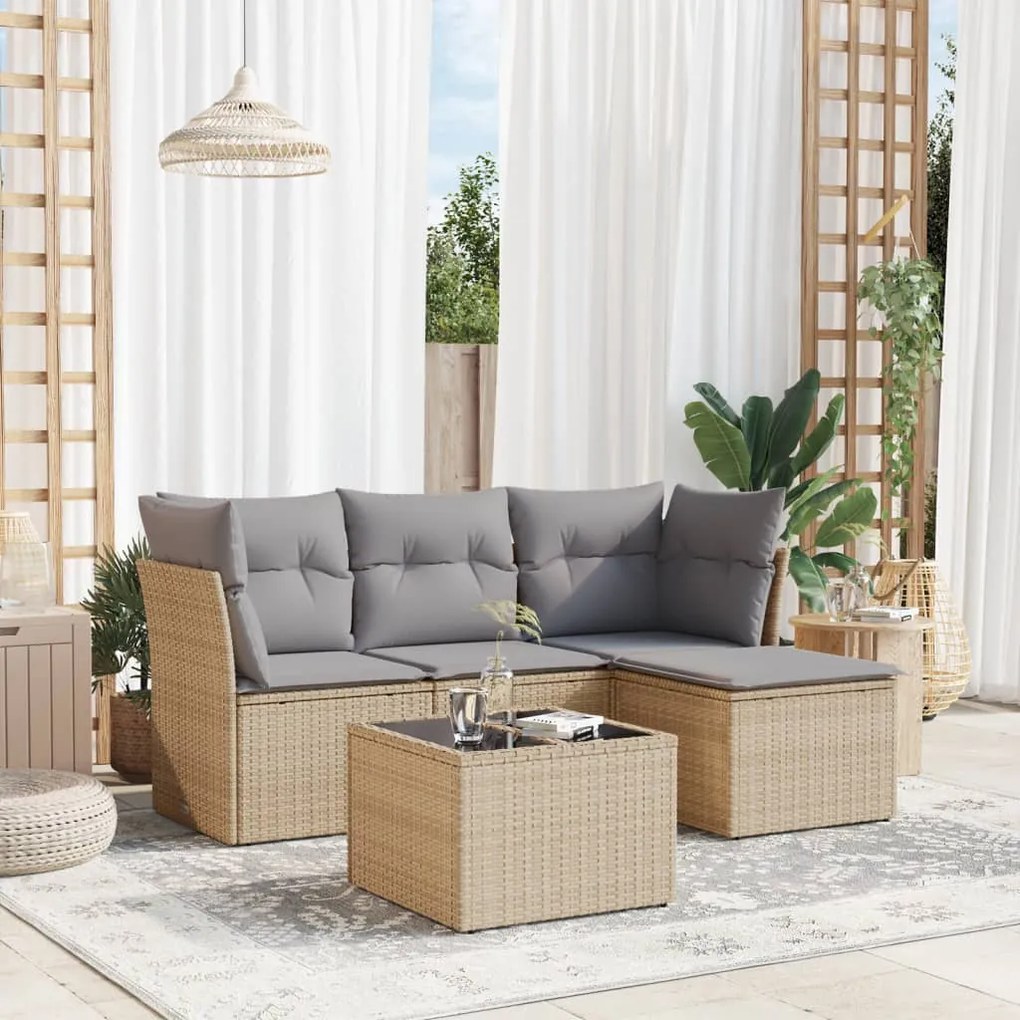 5 pcs conjunto de sofás p/ jardim com almofadões vime PE bege