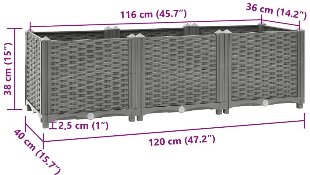 Canteiro elevado 120x40x38 cm polipropileno