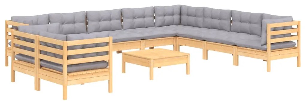 11pcs conjunto lounge de jardim + almofadões cinza pinho maciço