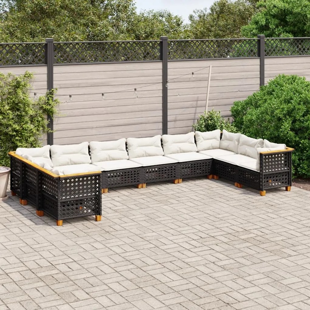 10 pcs conjunto sofás de jardim c/ almofadões vime PE preto