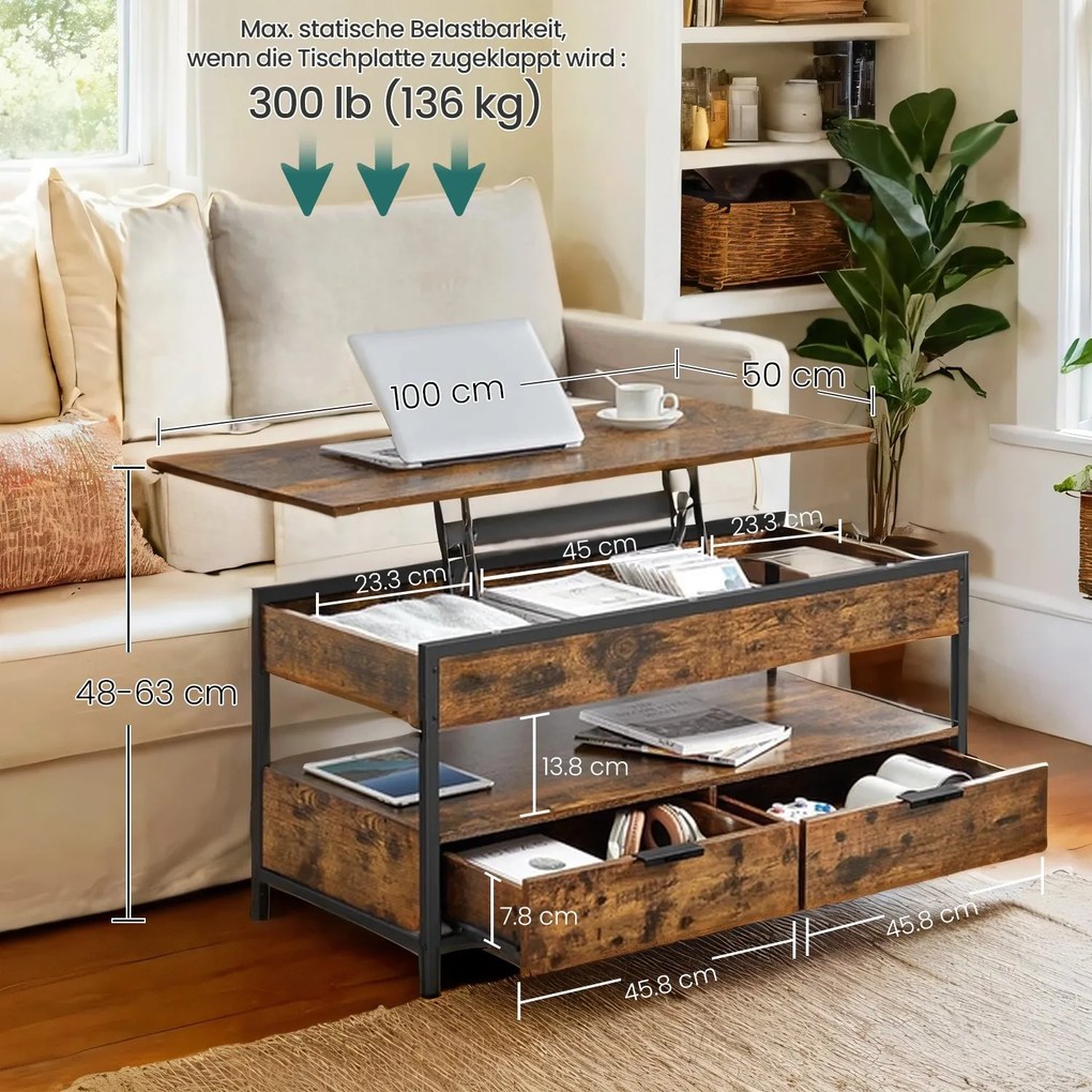 Mesa de centro com tampo ajustável em altura 50 x 100 cm Castanho vintage + Preto