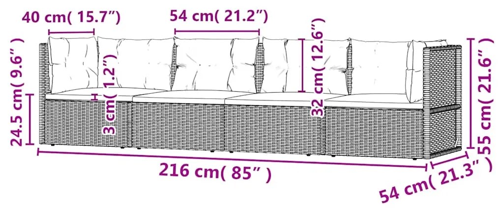 4 pcs conjunto lounge de jardim c/ almofadões vime PE cinzento