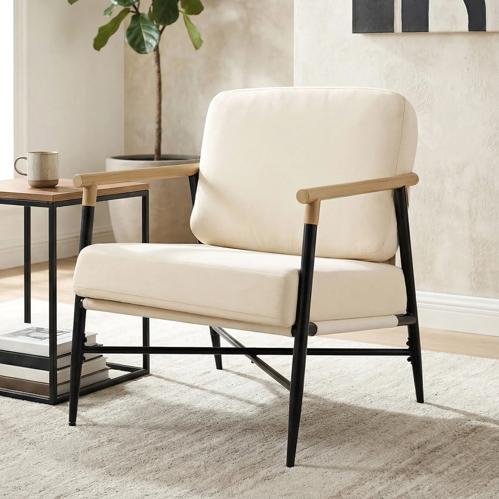 Poltrona moderna de sala, poltrona decorativa com almofadas removíveis com fecho de correr, Estrutura de metal e pés ajustáveis, confortável, bege