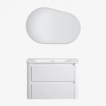 Conjunto De Móvel De Casa De Banho Em Madeira Com Lavatório Integrado Egerton Branco & Oval Led E Anti-embaciamento 100x65 Cm Meunier & Sem - Sklum