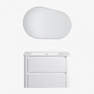 Conjunto De Móvel De Casa De Banho Suspenso 80x50 Cm Em Madeira Com Lavatório Integrado Egerton Branco & Oval Led E Anti-embaciamento 100x80 - Sklum