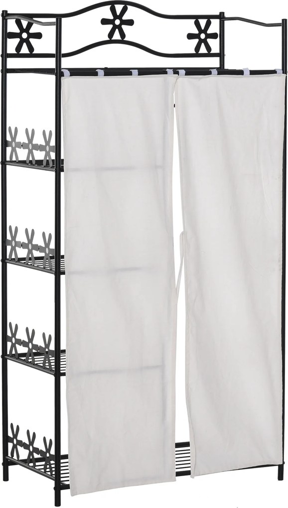 Guarda Roupa para adultos, roupeiro, guarda-roupa, vestidor, com várias opções de arrumação, 5 prateleiras, 84 x 42 x 159 cm, metal preto, 2 cortinas