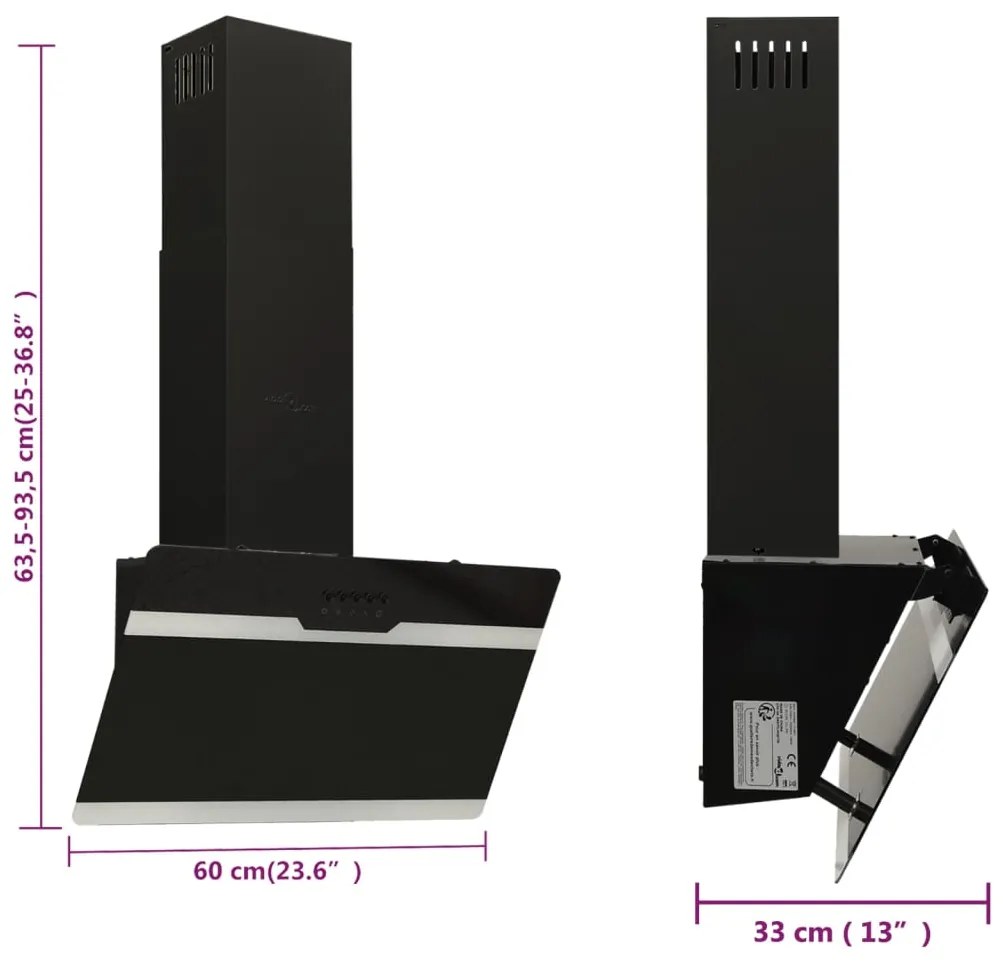 Exaustor de parede 60 cm aço e vidro temperado preto