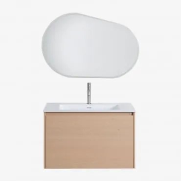 Conjunto De Móvel De Casa De Banho Suspenso 80x50 Cm Em Madeira Com Lavatório Integrado Jacob Madeira Natural & Oval Led E - Sklum
