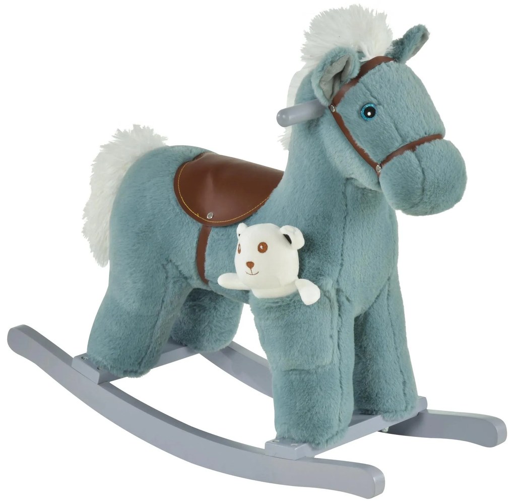 HOMCOM Cavalo Baloiço para Crianças de 18-36 Meses Cavalo de Balançar com Ursinho de Pelúcia Sons de Relinchos e Galopes base de Madeira 65x26x55cm Azul