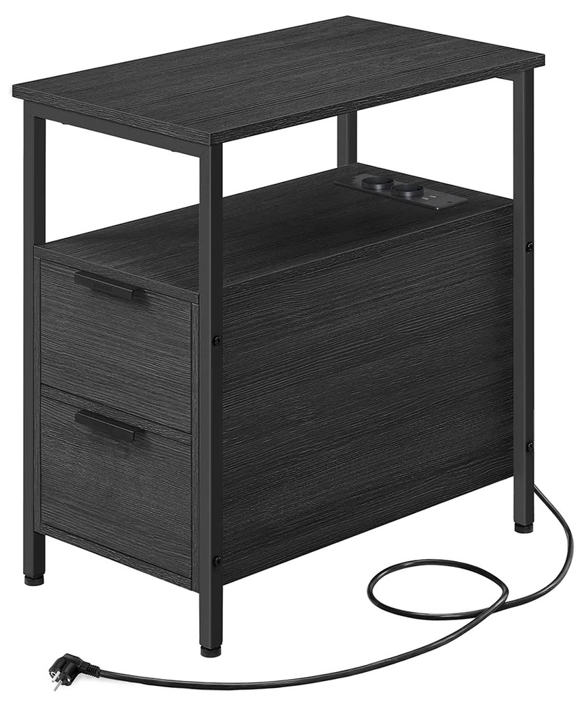 Mesa lateral VASAGLE, mesa de cabeceira com filtro de linha, 2 gavetas, mesa de sofá, criado-mudo para sala de estar, quarto, cinza antracite, preto clássico LET325B22