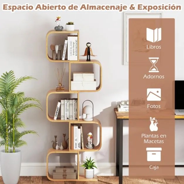 Estante em forma de S de bambu com 5 cubos abertos para sala, quarto, escritório 61 x 23 x 166 cm Natural