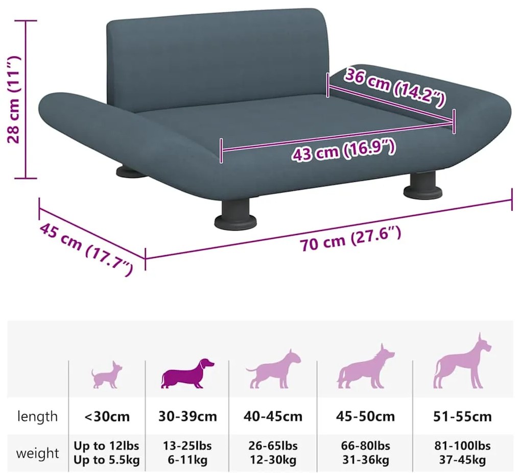 Cama para cães 70x45x28 cm tecido cinzento-escuro