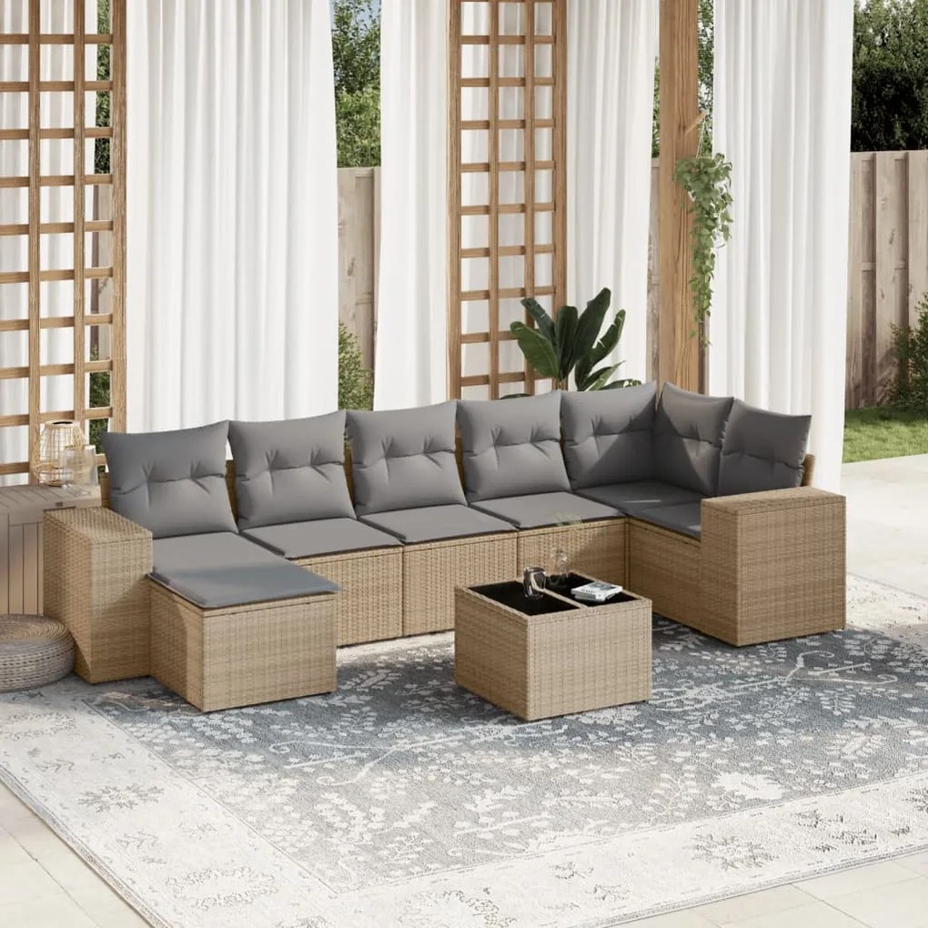 8 pcs conjunto de sofás p/ jardim com almofadões vime PE bege