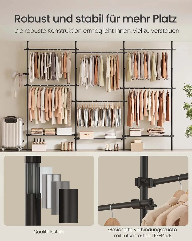 Guarda Roupa 33,5 x (240-353) x (208-310) cm com Barras telescópicas para roupas com 6 barras e 3 prateleiras em preto