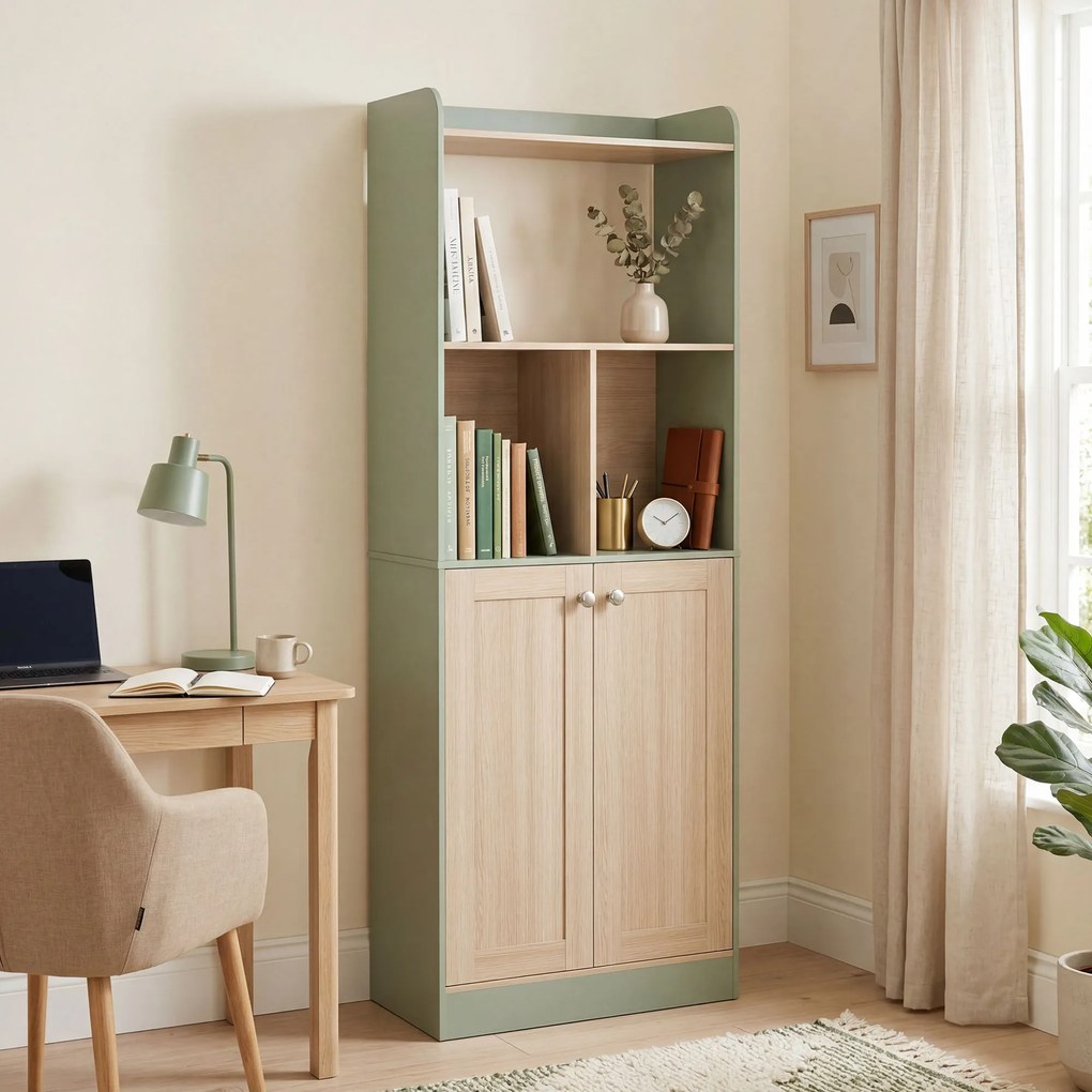 Estante de Arrumação com 5 Níveis e 2 Portas, 60 x 30 x 161,2 cm, Cantos Arredondados, Verde e cor Madeira Natural