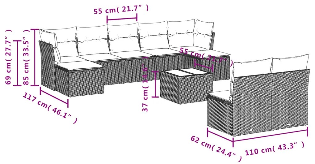 10 pcs conjunto de sofás p/ jardim com almofadões vime PE bege