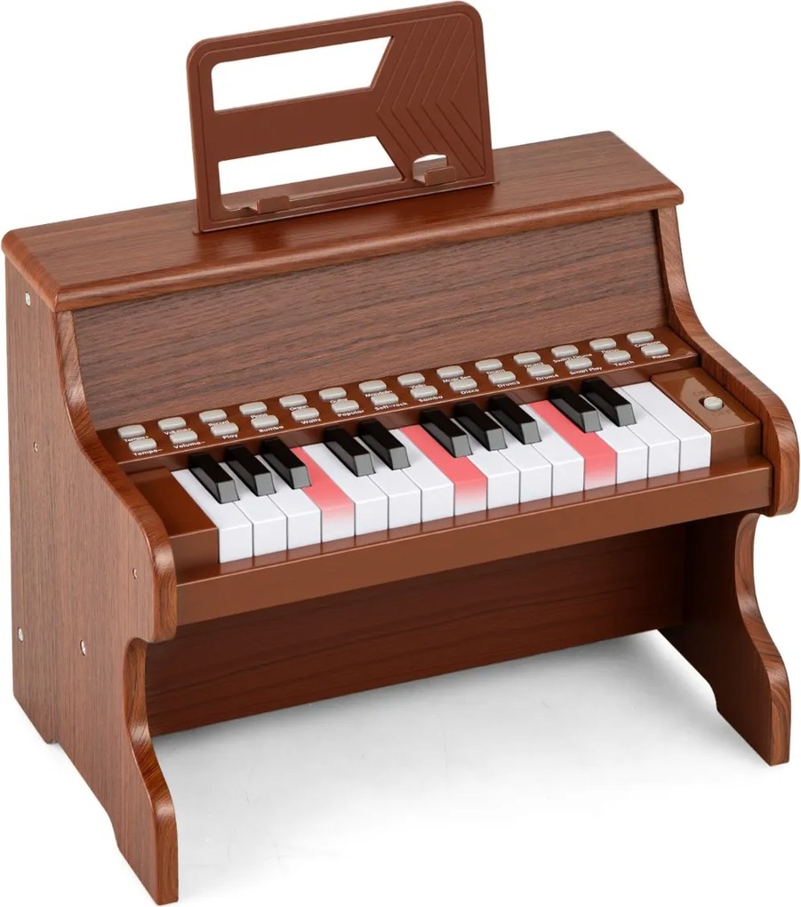 Piano de brincar com 25 teclas para crianças 38 x 24 x 29 cm, com suporte e modo de aprendizagem, velocidade e volume ajustáveis, design em madeira Ca