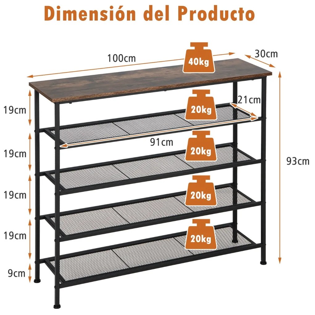 Sapateira de metal de 5 camadas para entrada 100 x 30 x 93 cm Castanho rústico