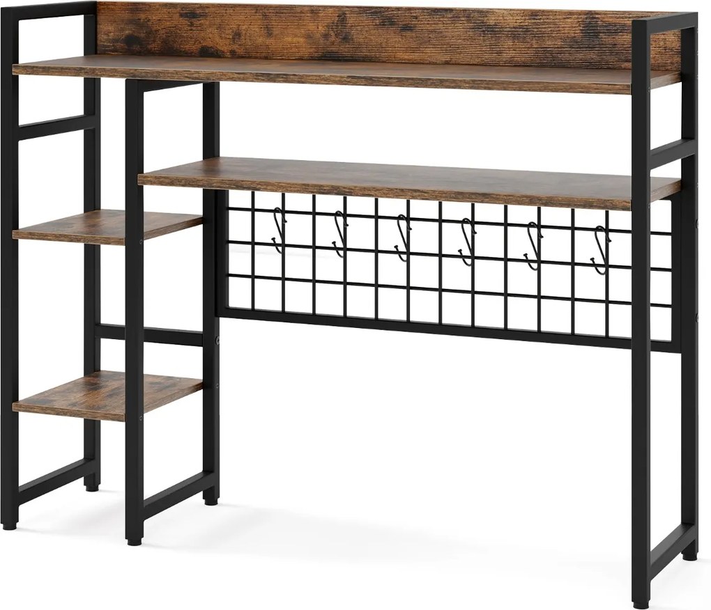 Estante para meter sobre mesa com 4 níveis e compartimento aberto na parte traseira e 6 ganchos 94 x 25 x 73,5 cm castanho
