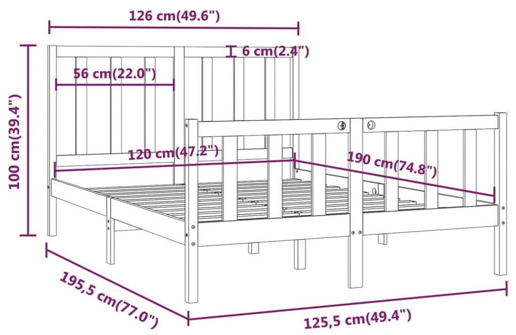 Estrutura de cama pequena casal 120x190 cm pinho maciço