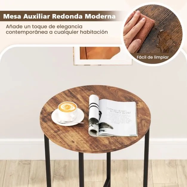 Mesa de apoio redonda 44 x 61 cm para espaços pequenos de 2 níveis com cesto de tecido Estrutura metálica Castanho