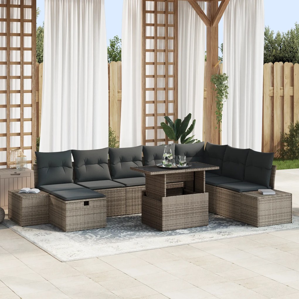Conjunto de Sofá de Jardim com Almofadas Cinza Rattan Polimérico de 9